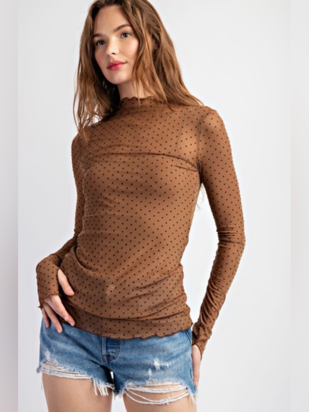 Sweet Generis Polka Dot Mesh Long Sleeve Top with Thumb Holes Sheer Brown